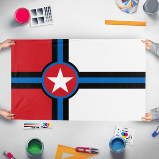 A mockup of the custom flag 'Discord flag' held up on a table during print checking