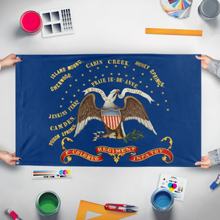 A mockup of the custom flag '1st Colored Regiment Infantry flag' held up on a table during print checking