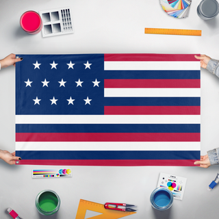 A mockup of the custom flag 'Franklin-Adams United States flag' held up on a table during print checking