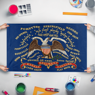 A mockup of the custom flag '1st Kansas Regiment Cavalry flag' held up on a table during print checking