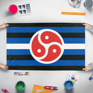A mockup of the custom flag 'BDSM Pride Flag' held up on a table during print checking
