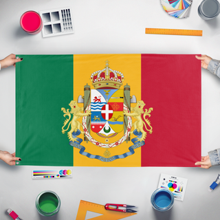 A mockup of the custom flag 'Non-aligned Italian East Africa flag' held up on a table during print checking