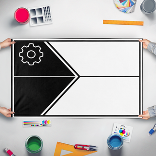 A mockup of the custom flag 'Continuity Dominion flag' held up on a table during print checking