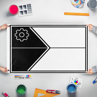 A mockup of the custom flag 'CD flag' held up on a table during print checking