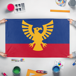 A mockup of the custom flag 'Kingdom of Czechia flag' held up on a table during print checking