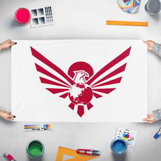 A mockup of the custom flag 'Greater East Asian Co Prosperity Sphere flag' held up on a table during print checking
