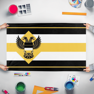 A mockup of the custom flag 'Empire of Belka WW1 flag' held up on a table during print checking