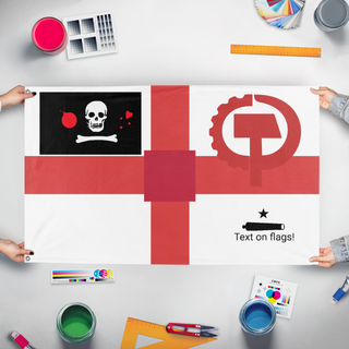 A mockup of the custom flag 'test flag' held up on a table during print checking