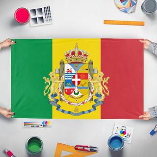 A mockup of the custom flag 'Italian State of East Africa flag' held up on a table during print checking