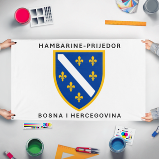 A mockup of the custom flag 'BiH - Prijedor flag' held up on a table during print checking