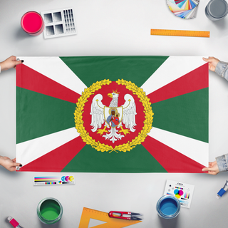 A mockup of the custom flag 'Polish Empire Flag' held up on a table during print checking