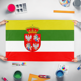 A mockup of the custom flag 'Modern Poland Lithuania flag' held up on a table during print checking