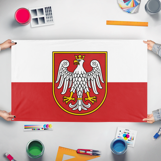 A mockup of the custom flag 'Heraldic Polish Eagle flag' held up on a table during print checking