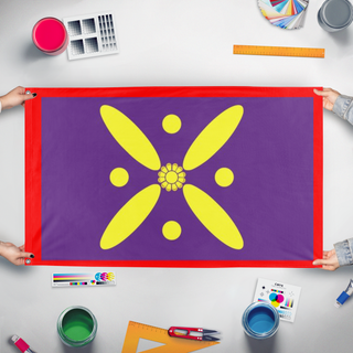 A mockup of the custom flag 'Sassanid Empire flag' held up on a table during print checking