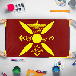 A mockup of the custom flag 'Sasanian Empire flag' held up on a table during print checking