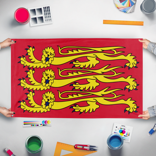 A mockup of the custom flag 'Three Lions Flag' held up on a table during print checking