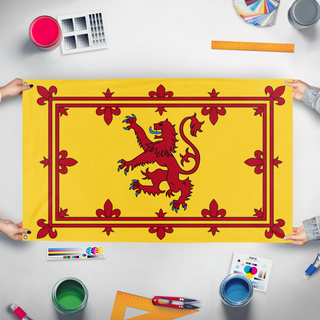 A mockup of the custom flag 'Flag of Scotland' held up on a table during print checking