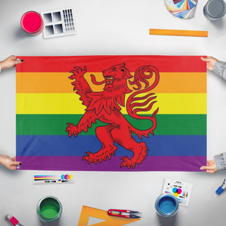 A mockup of the custom flag 'Scottish Pride flag' held up on a table during print checking