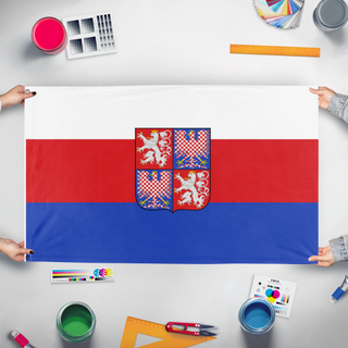 A mockup of the custom flag 'Czech flag' held up on a table during print checking