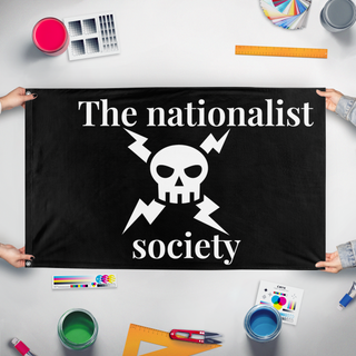A mockup of the custom flag 'the nationalist society flag' held up on a table during print checking
