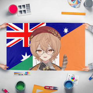 A mockup of the custom flag 'ClioAite flag' held up on a table during print checking