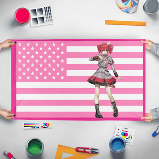A mockup of the custom flag 'teto america flag' held up on a table during print checking