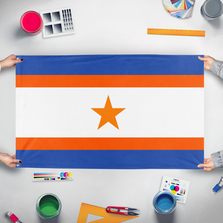 A mockup of the custom flag 'New Sodor State flag' held up on a table during print checking