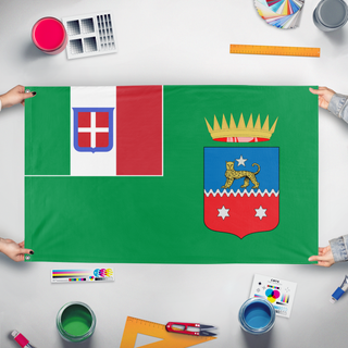A mockup of the custom flag 'Italian Somaliland flag' held up on a table during print checking