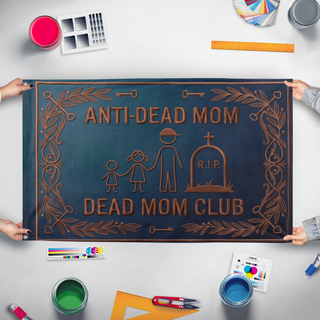 A mockup of the custom flag 'momsstilldead flag' held up on a table during print checking