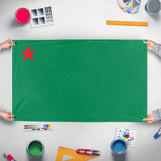 A mockup of the custom flag 'Peoples Republic of Benin flag' held up on a table during print checking