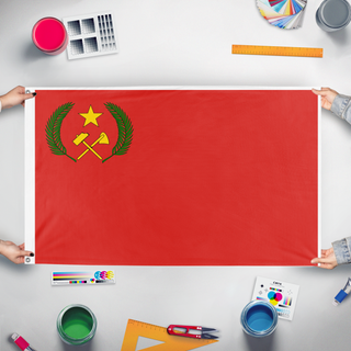A mockup of the custom flag 'Peoples Republic of the Congo flag' held up on a table during print checking