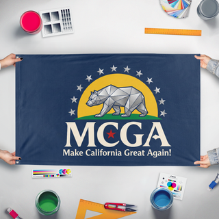 A mockup of the custom flag 'MCGA flag' held up on a table during print checking