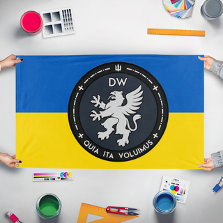 A mockup of the custom flag 'DW  flag' held up on a table during print checking