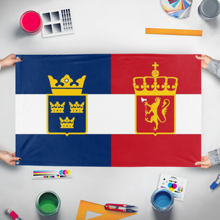 A mockup of the custom flag 'Sweden - Norway Flag in the style of Austria-Hungary' held up on a table during print checking