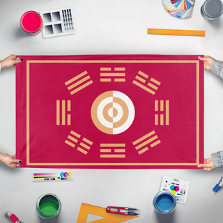A mockup of the custom flag 'Flag of the Joseon Dynasty' held up on a table during print checking