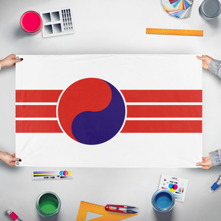 A mockup of the custom flag 'Flag of the People's Republic of Korea' held up on a table during print checking