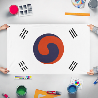 A mockup of the custom flag 'Flag of Great Joseon' held up on a table during print checking