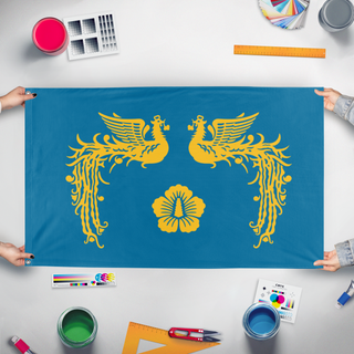 A mockup of the custom flag 'Presidential Standard of South Korea flag' held up on a table during print checking