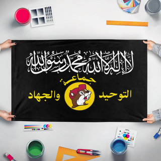A mockup of the custom flag 'Al Buccee's flag' held up on a table during print checking