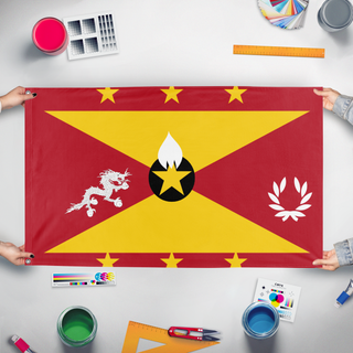 A mockup of the custom flag 'Yo-yo Korea dinosaurs flag' held up on a table during print checking