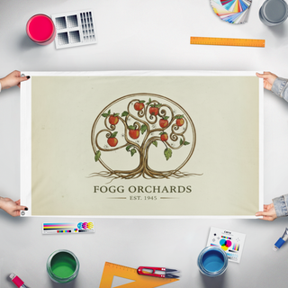 A mockup of the custom flag 'Fogg Orchard flag' held up on a table during print checking