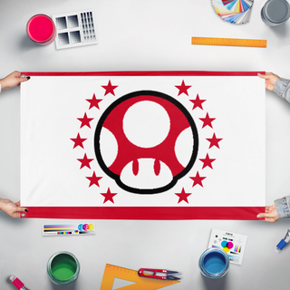 A mockup of the custom flag 'Mushroom Kingdom Flag - Mario Galaxy' held up on a table during print checking