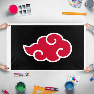 A mockup of the custom flag 'kyrii flag' held up on a table during print checking