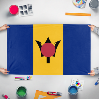 A mockup of the custom flag 'test flag' held up on a table during print checking
