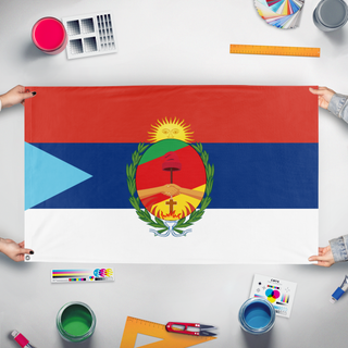 A mockup of the custom flag 'Sereguay 1811-1870 flag' held up on a table during print checking