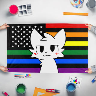 A mockup of the custom flag 'American Boykisser flag' held up on a table during print checking