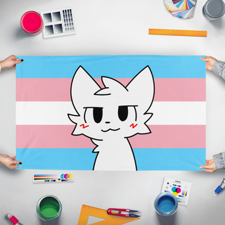 A mockup of the custom flag 'Transgender Boykisser flag' held up on a table during print checking