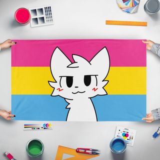 A mockup of the custom flag 'Pansexual Boykisser flag' held up on a table during print checking