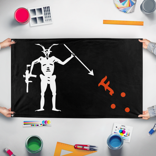 A mockup of the custom flag 'Modern No Quarter  flag' held up on a table during print checking