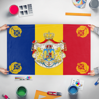 A mockup of the custom flag 'Romanian Monarchy flag' held up on a table during print checking